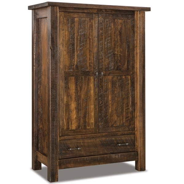 Wardrobe Armoire featuring Distressed Wood Texture, Paneled Doors, and Bottom Drawer.