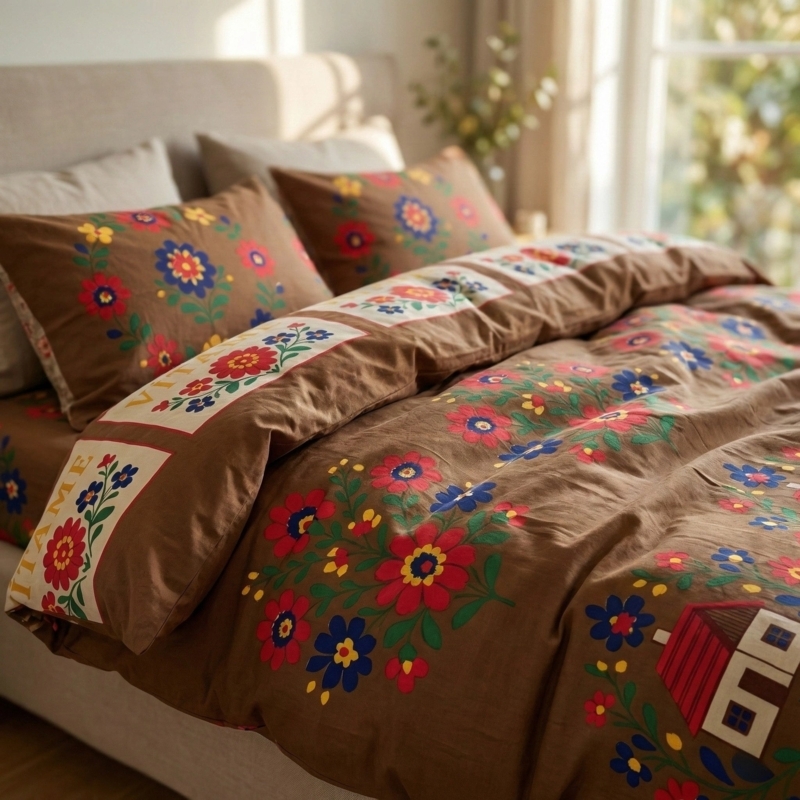 Warm Brown Floral Bedding Set  Bright Colors with Retro House and Flo   Aaram By SS