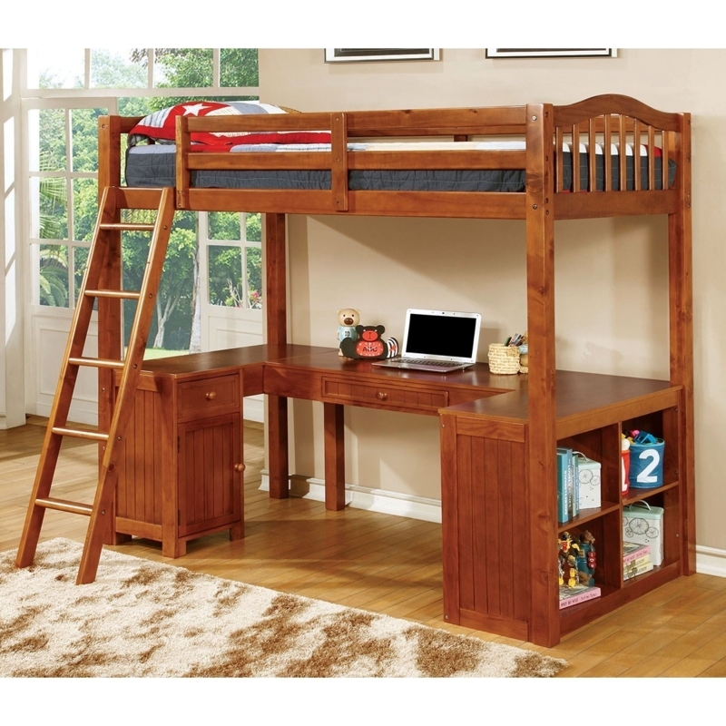Warm Wood Twin Loft Bed with L-Shaped Desk and Storage Cubbies