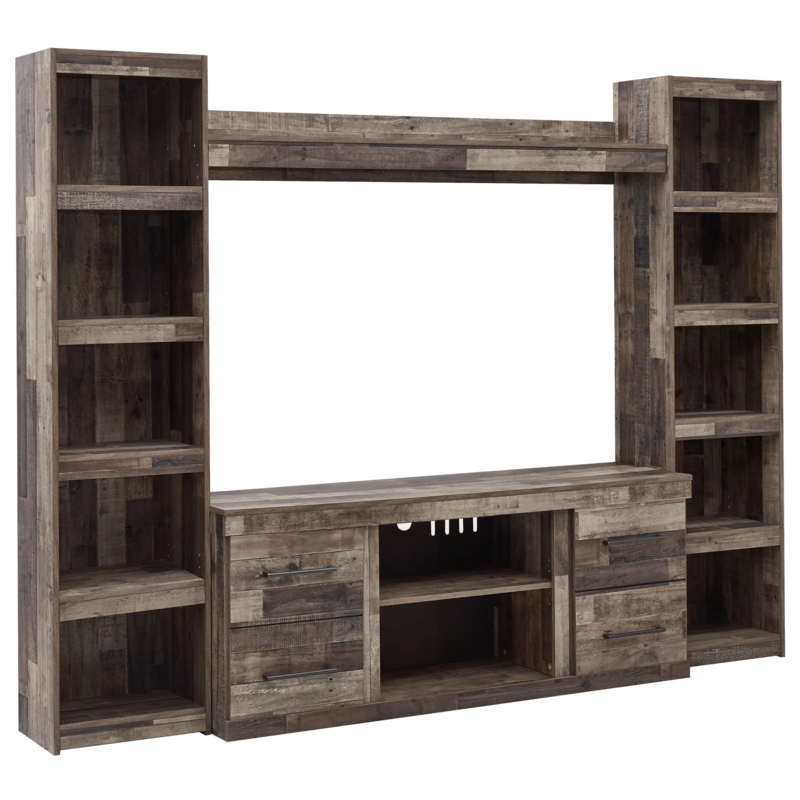 Weathered Brown Entertainment Wall Unit, Integrated Piers & Slim Pulls