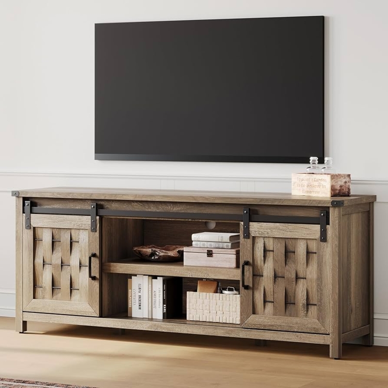 Weathered Gray TV Console: Woven Sliding Barn Doors, Corner Brackets.