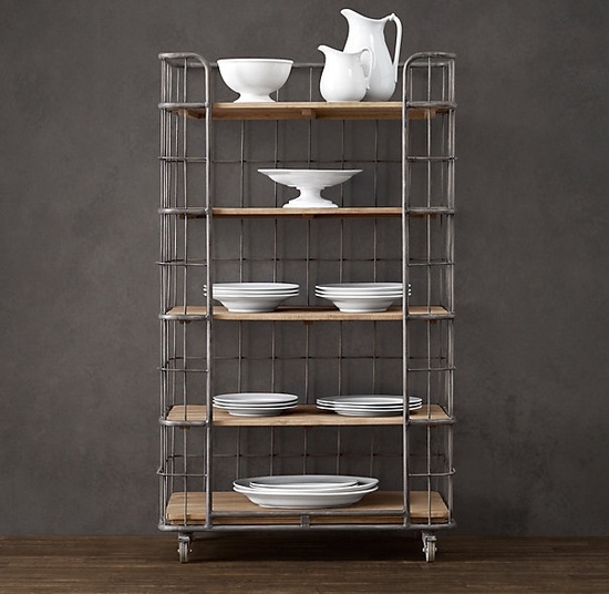 Weathered Grey Bakers Rack with Wire Cage Sides, Rolling Storage