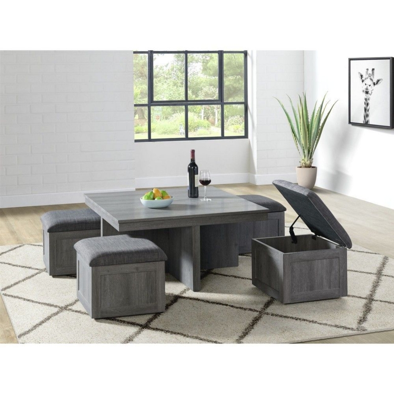 Weathered Grey Pedestal Coffee Table Set with Hinged Lid Ottomans