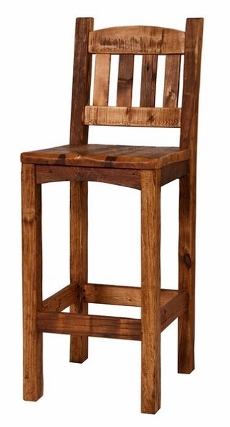 Weathered Pine Bar Stool Distressed Wood Slat Back Design