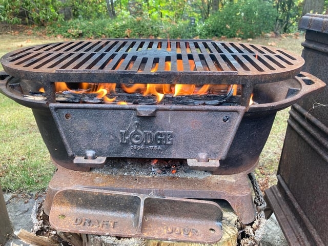 Weathered Portable Grill, Wood Burning Cast Iron, Embossed Logo