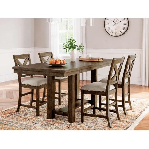 Weathered Wood Counter Height Trestle Table Set with X-Back Stools