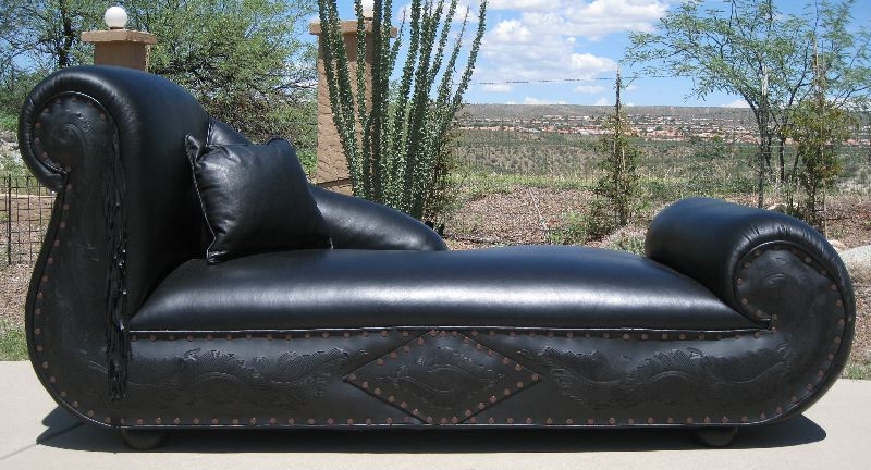 Western Sleigh Chaise Lounge with Tooled Panels and Fringe Accents