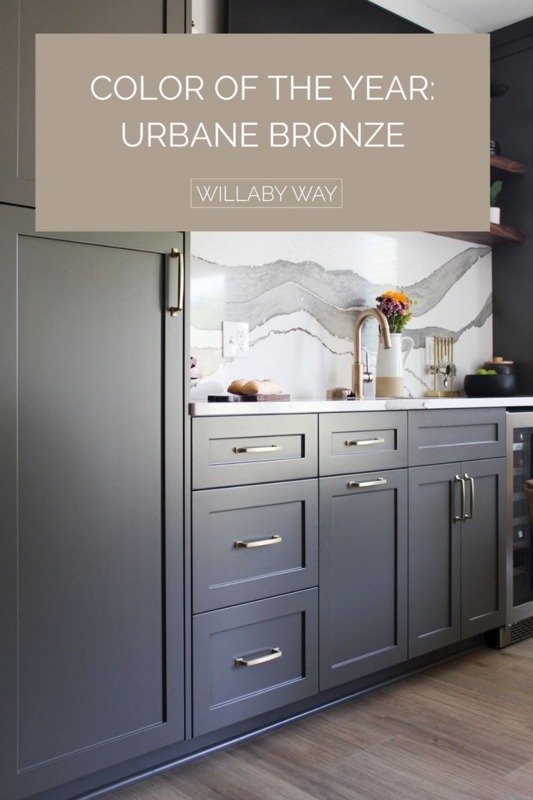 Wet Bar Cabinets Urbane Bronze with Stone Slab Backsplash