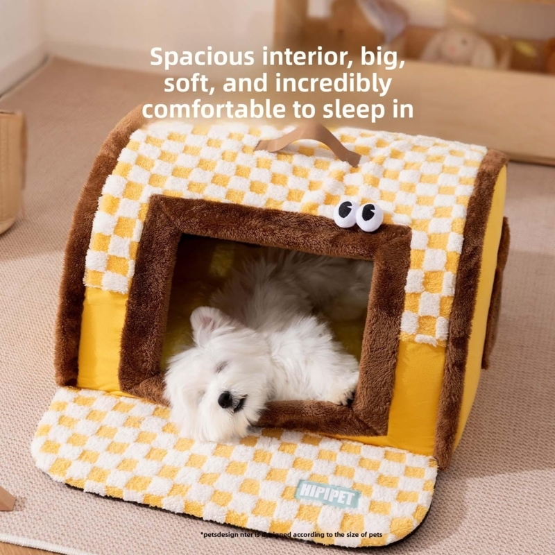 Whimsical Indoor Dog House Bed in Yellow Checkered Pattern with Eyes
