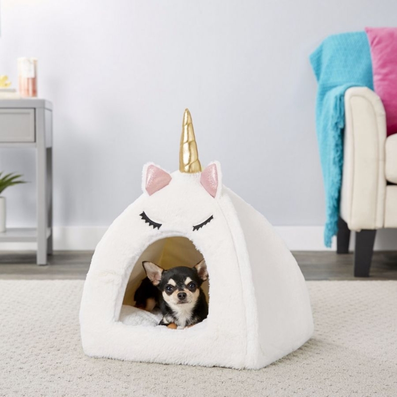 Whimsical Pet Furniture Unicorn Dog Cave Bed with Metallic Gold Horn