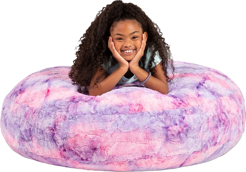 Whimsical Tie-Dye Bean Bag Chair, Magenta Plush Faux Fur Round Seat
