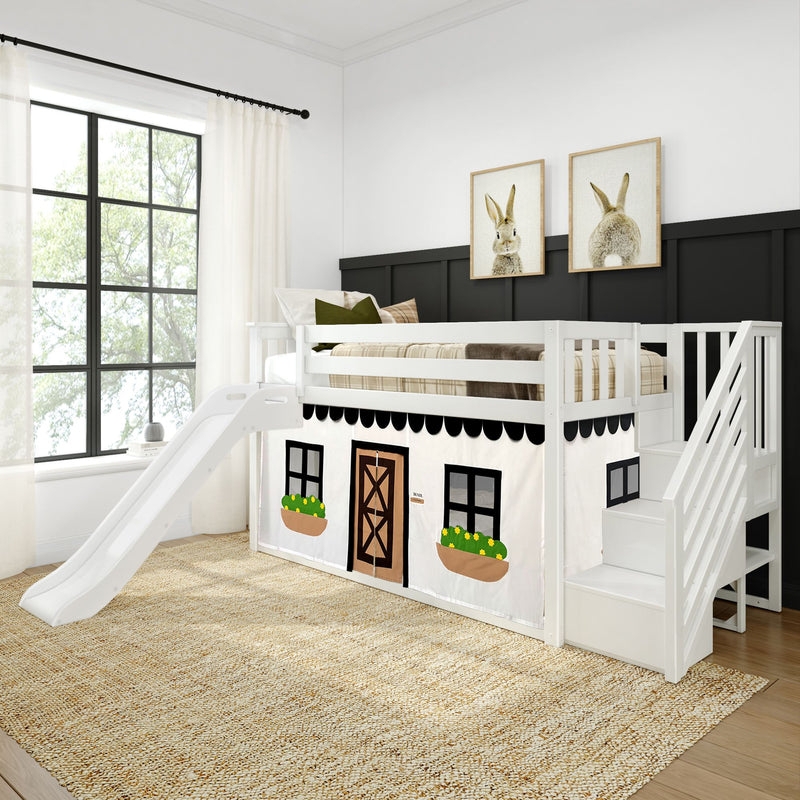 White and Black Low Bunk Bed with Farmhouse Play Tent and Slide