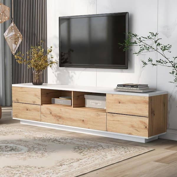 White and Oak Media Console: Two Tone Scandinavian Design, Handleless.