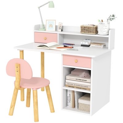 White And Pink Kids Desk Set Tapered Wood Legs Scandinavian