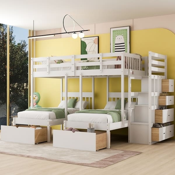 White and Wood L-Shaped Triple Bunk Bed with Staircase Drawers