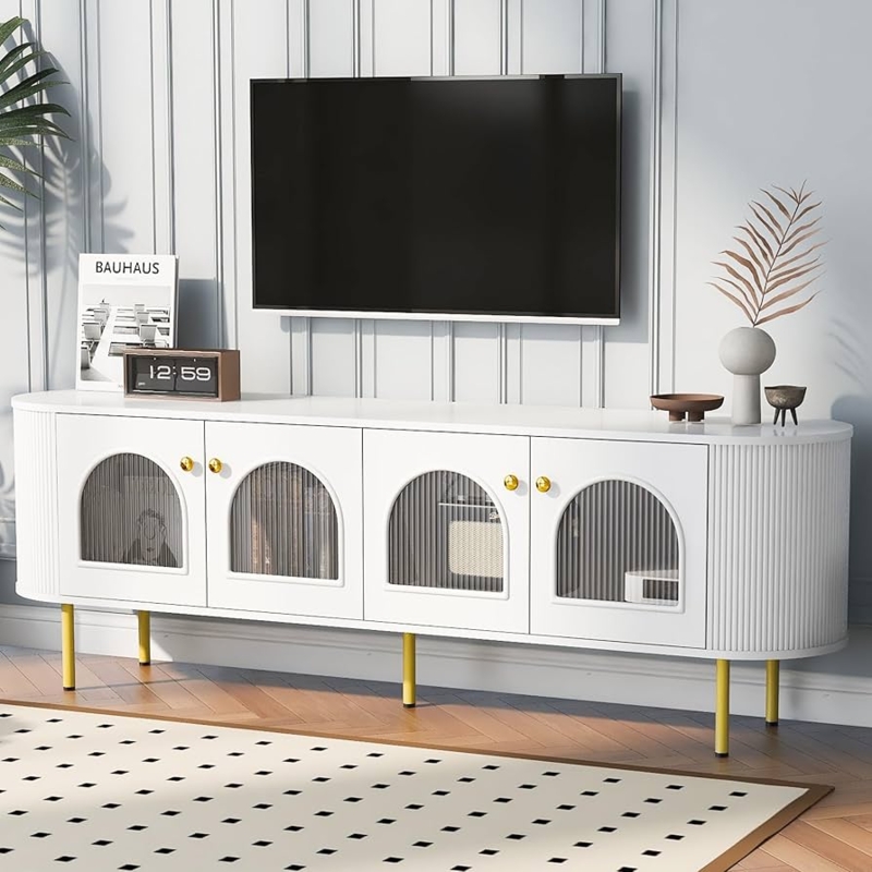White Arched TV Stand: Reeded Glass Doors, Curved Fluted Sides.