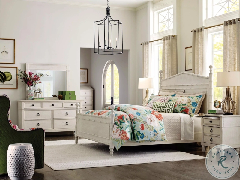 White Bamboo Bedroom Set with Distressed Finish and Poster Bed Frame