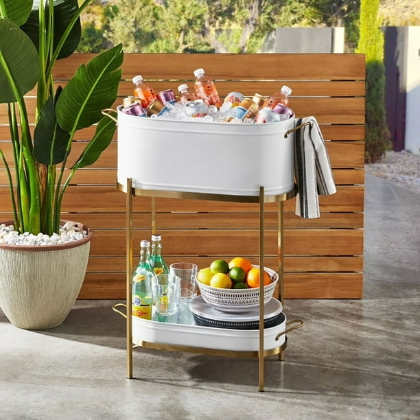 White Beverage Stand Gold Toned Frame Deep Ice Basin Two Tier