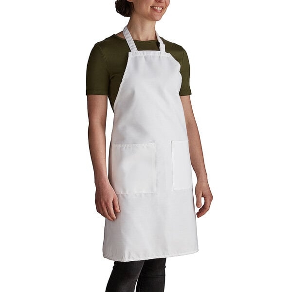 White Bib Apron with Pockets, Poly-Cotton, Adjustable Neck Strap