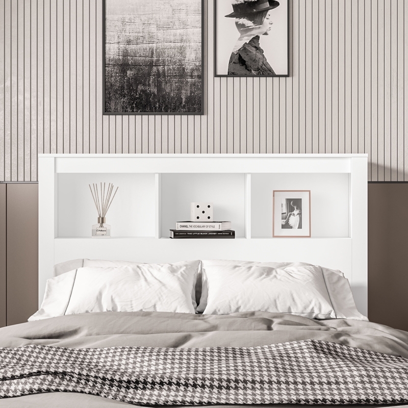 White Bookcase Headboard with Three Open Storage Cubbies