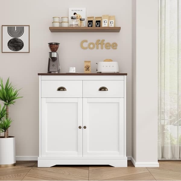 White Buffet Cabinet with Cup Pulls & Wood Top