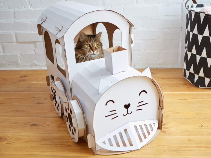 White Cardboard Cat House, Train Shape with Steam Engine Silhouette
