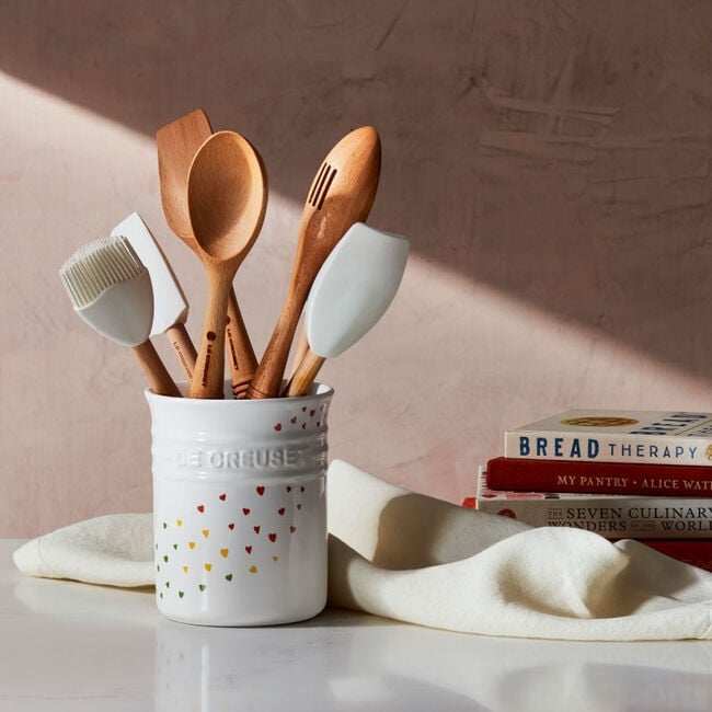 White Ceramic Tool Holder, Multi-Colored Heart Motif Pattern