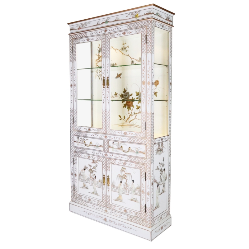 White Chinoiserie Curio Cabinet Hand Painted with Lattice Border