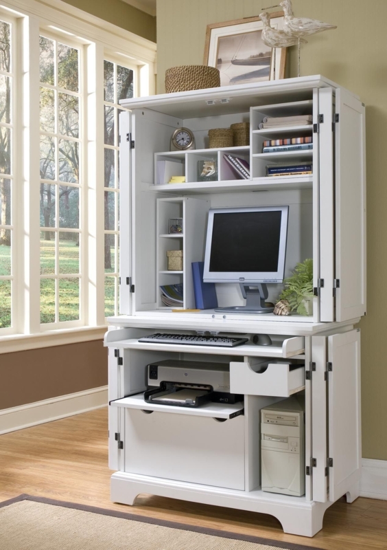 White Computer Armoire Desk with Bracket Feet and Coastal Style