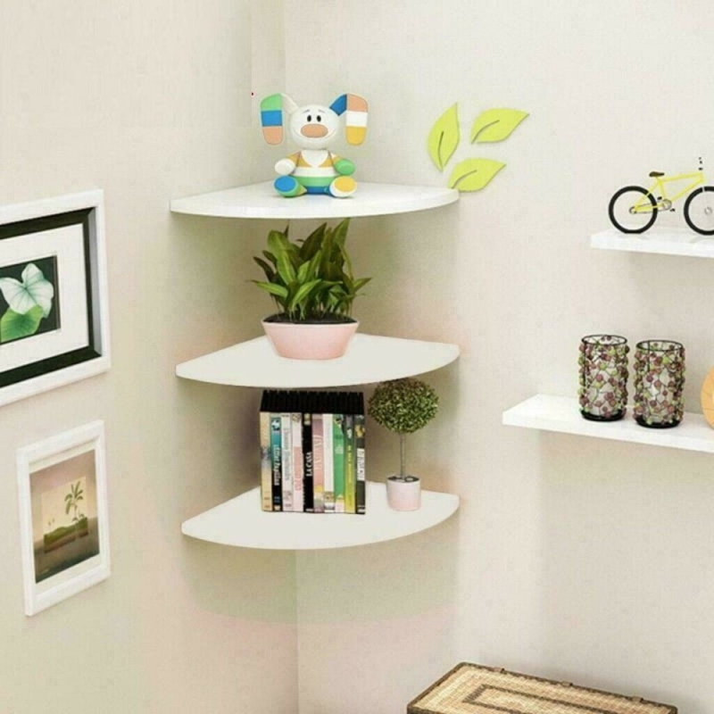 White Corner Floating Shelves: Minimalist Quarter Circle Set of 3