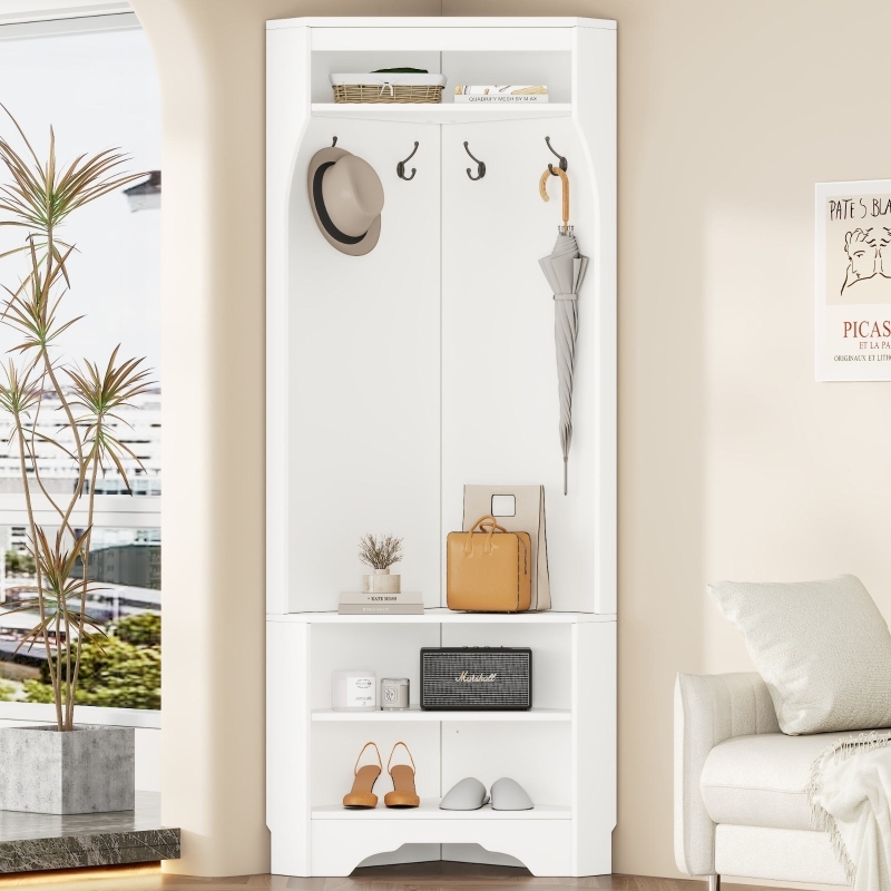 White Corner Hall Tree: Minimalist Design with Arched Side Panels
