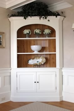 White Corner Hutch with Arched Opening and Wood-Toned Interior