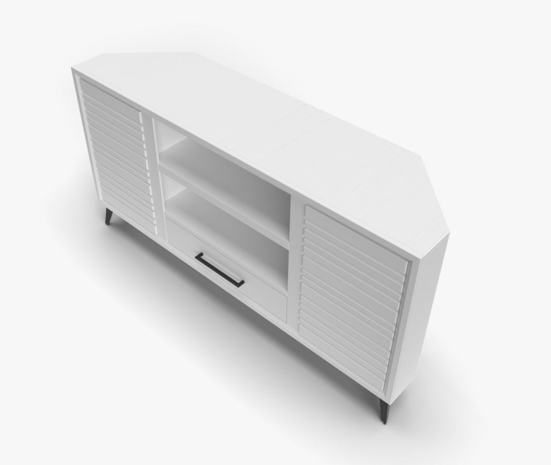 White Corner TV Stand with Slatted Doors and Coastal Style