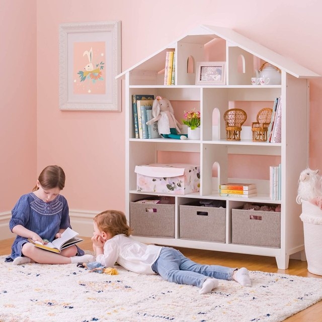 White Dollhouse Shape Bookcase with Gabled Top and Arched Windows