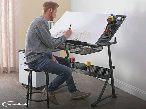 White Drafting Table Set with Mesh Baskets and Saddle Seat Stool