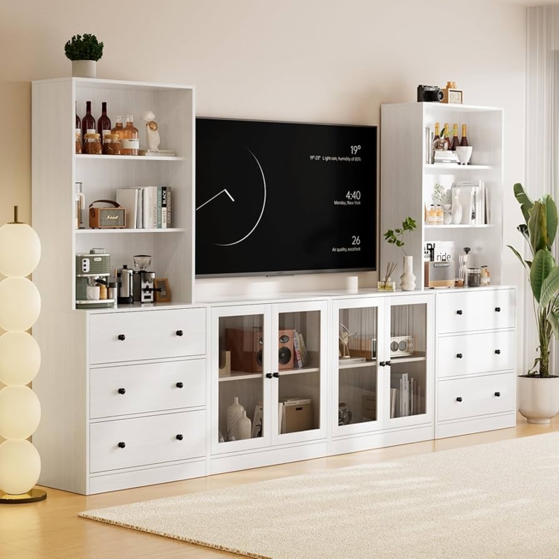 White Entertainment Center Symmetrical Hutch Bookshelves Tempered Glass