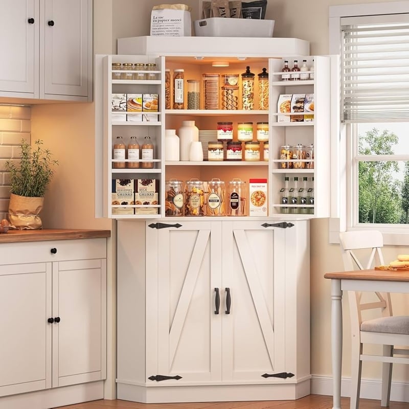 White Farmhouse Corner Pantry Cabinet with Barn Door Accents