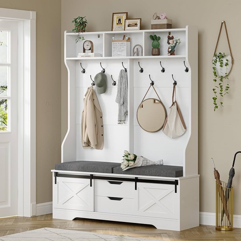 White Farmhouse Hall Tree with Sliding Barn Doors and X-Brace Design