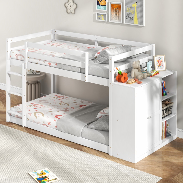 White Floor Bunk Bed Scandinavian Style with Storage Cabinet