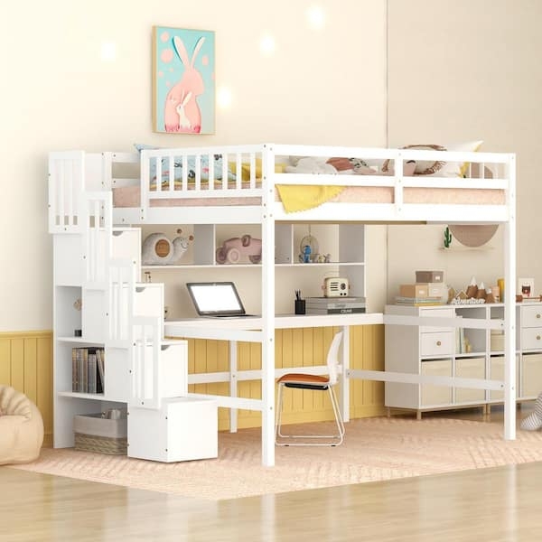 White Full Size Loft Bed with Integrated Desk and Bookshelves