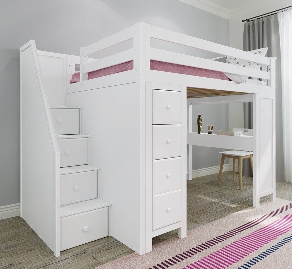 White Full Size Loft Bed with Staircase Drawers and Integrated Desk