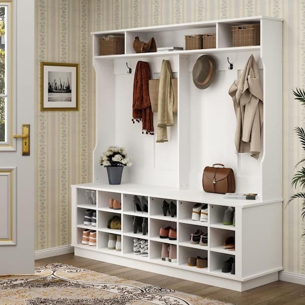 White Hall Tree: 24-Cubby Shoe Organizer with Integrated Bench Seat