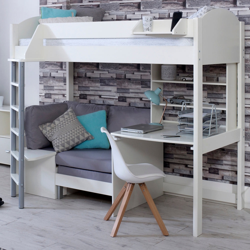 White High Sleeper Bed with Integrated Desk and Pull-Out Sofa Module