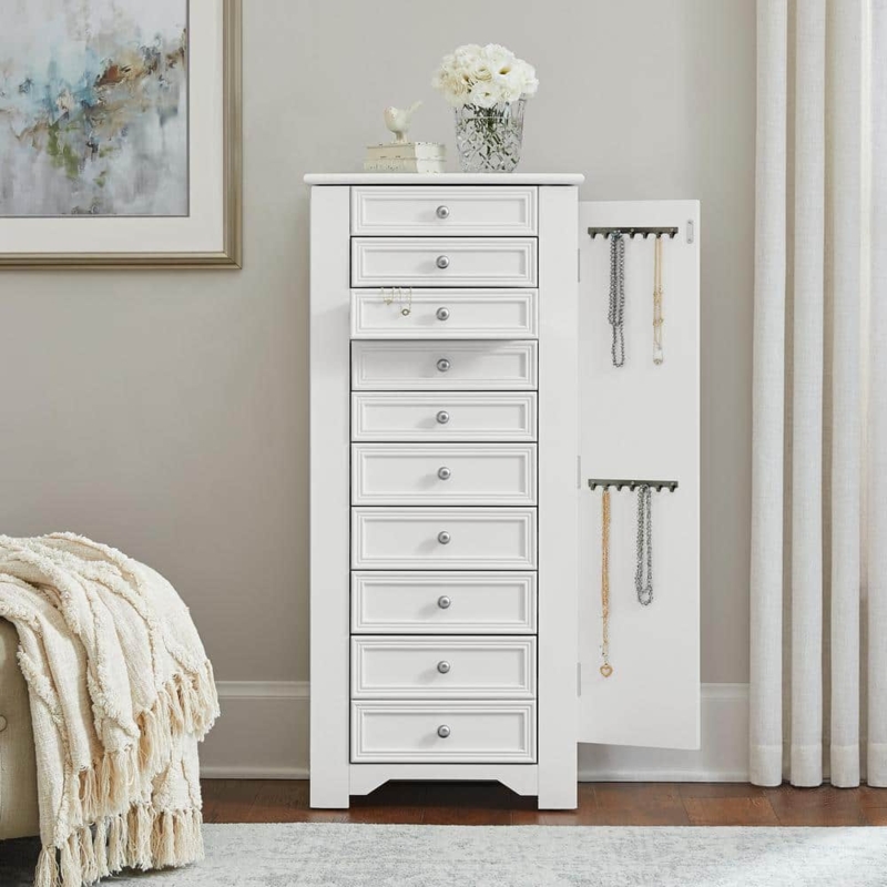 White Jewelry Armoire, Eight Paneled Drawers, Side Necklace Door
