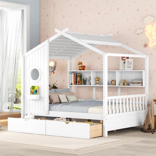 White Kids House Bed with Porthole Window and Built-In Shelving