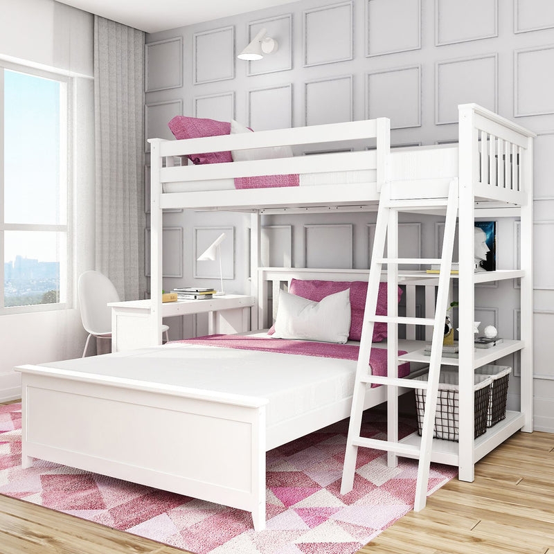 White L-Shaped Bunk Bed Twin Over Full with Integrated Desk