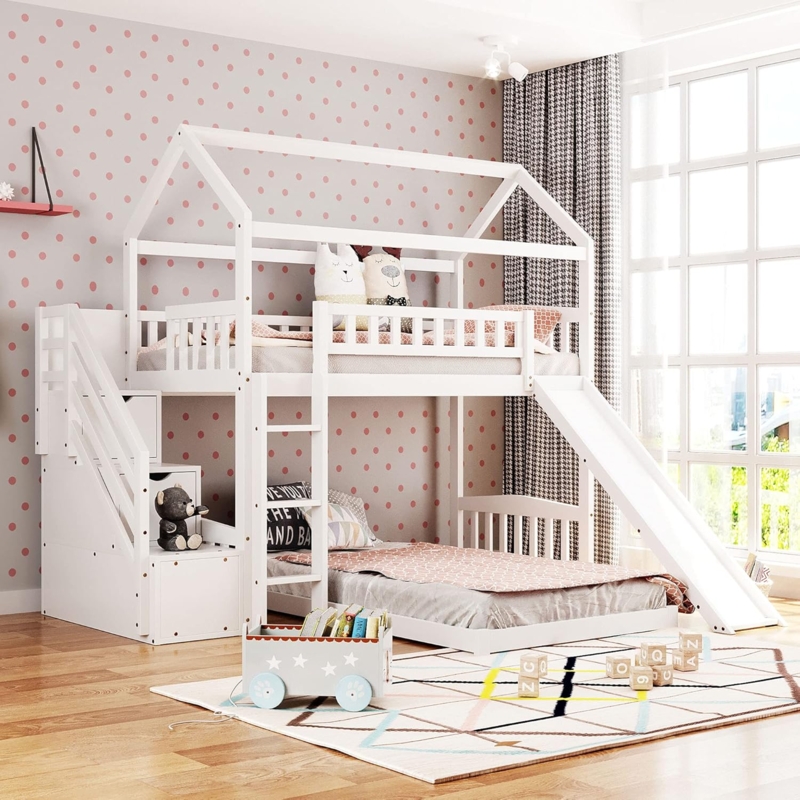 White L-Shaped House Bunk Bed with Slide and Storage Staircase