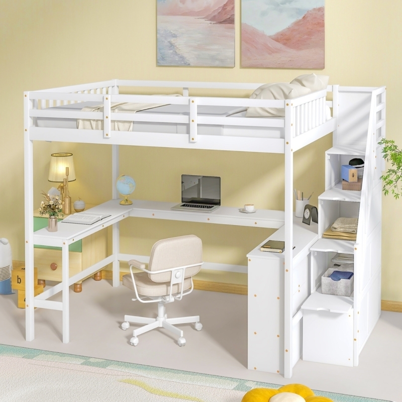 White L-Shaped Loft Workstation with Staircase Storage and Desk