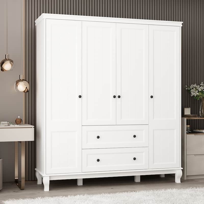 White Lacquered Wardrobe Armoire with Beadboard Panels and Cabriole Legs.