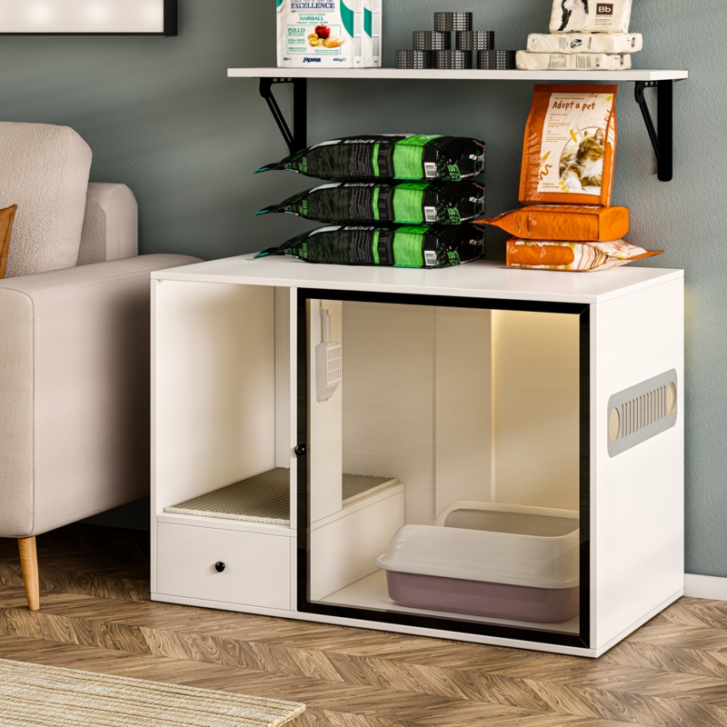 White Litter Box Enclosure, Glass Door, LED Lighting, Modern